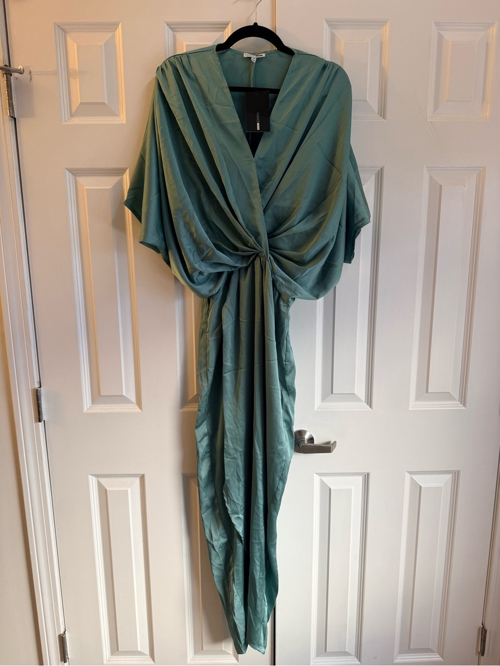 Fashion Nova Polished Satin Maxi Dress in Sage Green